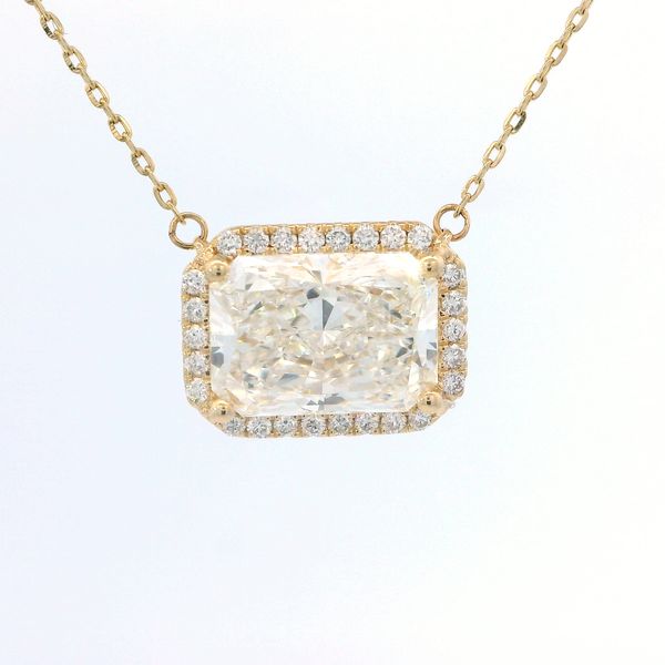 Yellow No Cert 14 Karat East/West Halo Pendant Laboratory Grown Diamond Jewelry With One = 3.00Ct Radiant E/F Vs2 Diamond And = 0.16Twt Round Diamonds Bradley's Jewelers Jacksonville, NC