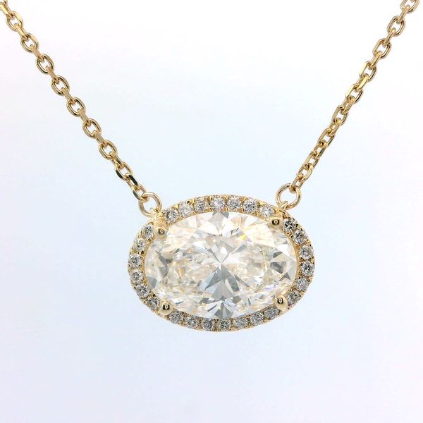 14K Yellow Gold 2.125 CTW Lab-Grown Oval Diamond Halo Pendant Bradley's Jewelers Jacksonville, NC