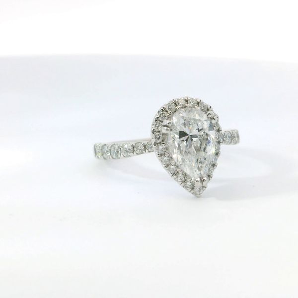 White 14K Lab Grown Diamond Halo Engagement Ring – 1.49 Ct Pear E SI1 & 32 x 0.50 Tw Round Diamonds Image 2 Bradley's Jewelers Jacksonville, NC