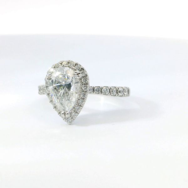 White 14K Lab Grown Diamond Halo Engagement Ring – 1.49 Ct Pear E SI1 & 32 x 0.50 Tw Round Diamonds Image 3 Bradley's Jewelers Jacksonville, NC