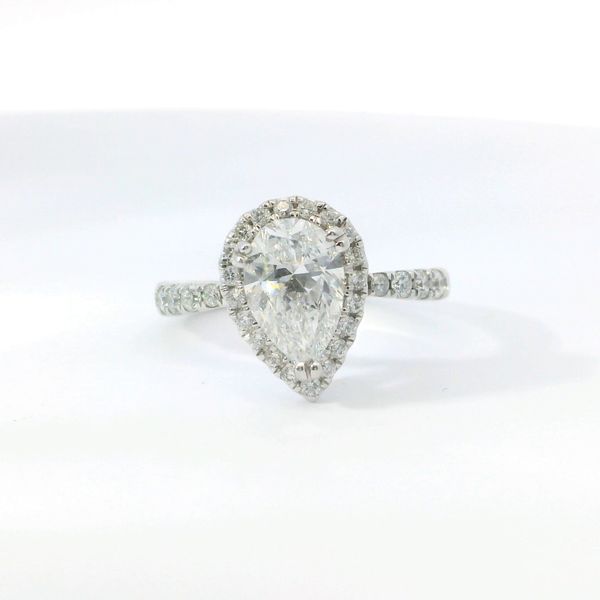 White 14K Lab Grown Diamond Halo Engagement Ring – 1.49 Ct Pear E SI1 & 32 x 0.50 Tw Round Diamonds Bradley's Jewelers Jacksonville, NC