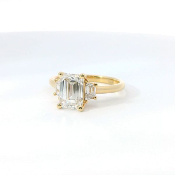 14K Yellow Gold Emerald Lab Grown Diamond Three-Stone Ring 2.42 CTW Image 3 Bradley's Jewelers Jacksonville, NC
