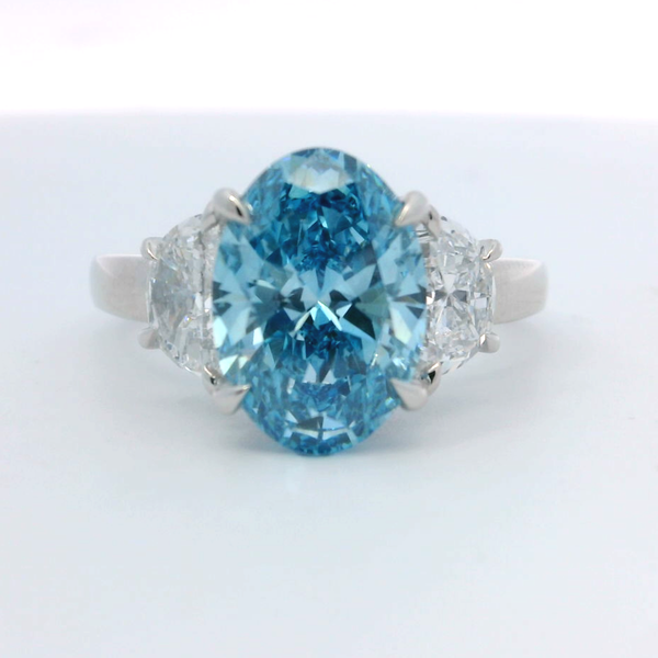 14K White Gold 3.06ct Oval Blue Lab Grown Diamond Three Stone Engagement Ring Bradley's Jewelers Jacksonville, NC