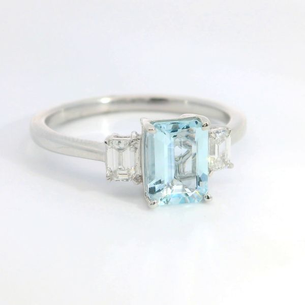 14K White Gold Emerald Cut Aquamarine and Diamond 3 Stone Ring Image 2 Bradley's Jewelers Jacksonville, NC