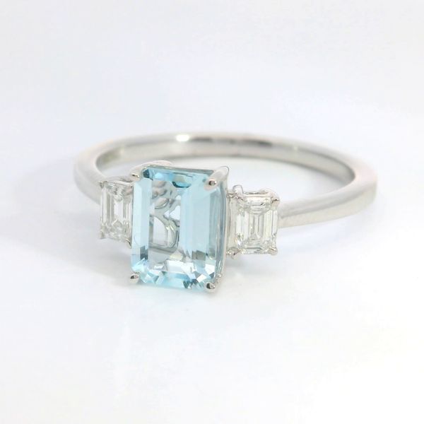 14K White Gold Emerald Cut Aquamarine and Diamond 3 Stone Ring Image 3 Bradley's Jewelers Jacksonville, NC