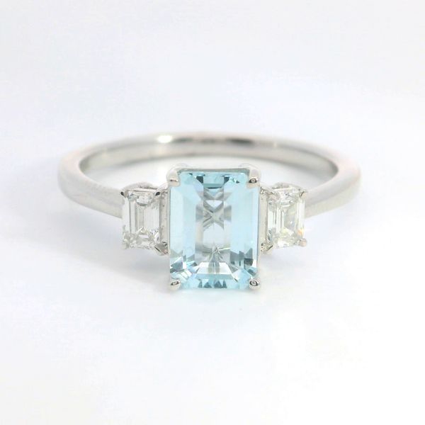 14K White Gold Emerald Cut Aquamarine and Diamond 3 Stone Ring Image 4 Bradley's Jewelers Jacksonville, NC