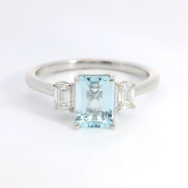 14K White Gold Emerald Cut Aquamarine and Diamond 3 Stone Ring Bradley's Jewelers Jacksonville, NC