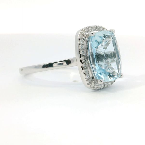 14K White Gold Rectangular Cushion Aquamarine and Diamond Ring Image 2 Bradley's Jewelers Jacksonville, NC
