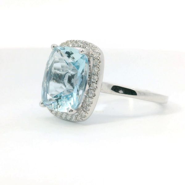14K White Gold Rectangular Cushion Aquamarine and Diamond Ring Image 3 Bradley's Jewelers Jacksonville, NC