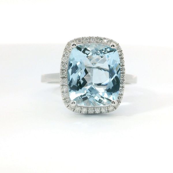 14K White Gold Rectangular Cushion Aquamarine and Diamond Ring Image 4 Bradley's Jewelers Jacksonville, NC