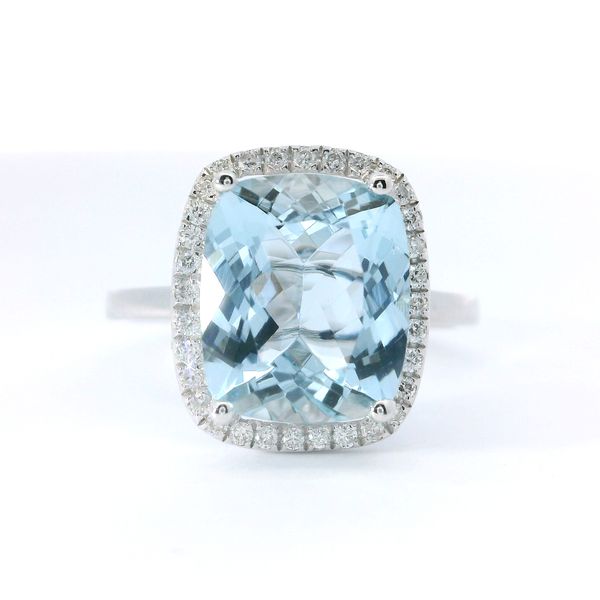 14K White Gold Rectangular Cushion Aquamarine and Diamond Ring Bradley's Jewelers Jacksonville, NC