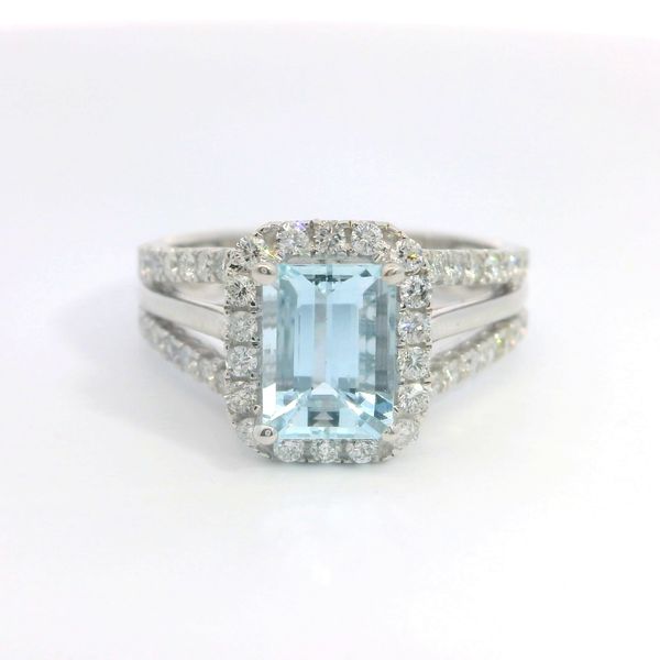 14K White Gold Emerald Aquamarine Diamond Split Shank Ring Bradley's Jewelers Jacksonville, NC