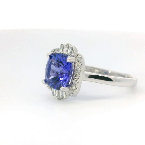 14K White Gold Cushion Tanzanite and Diamond Ring Image 3 Bradley's Jewelers Jacksonville, NC