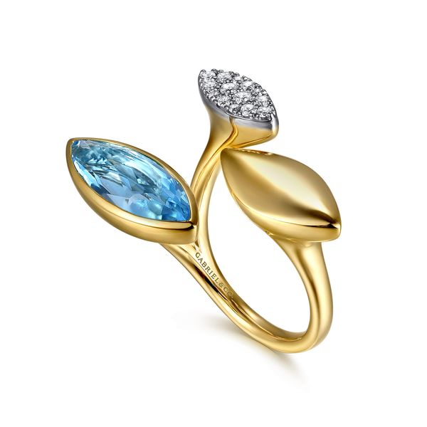 Gabriel & Co 14K Yellow Gold Diamond & Marquise Blue Topaz Ring – Color Collection Image 3 Bradley's Jewelers Jacksonville, NC