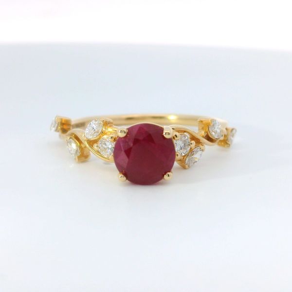 14K Yellow Gold Twisted Floral Ruby and Diamond Ring Image 2 Bradley's Jewelers Jacksonville, NC