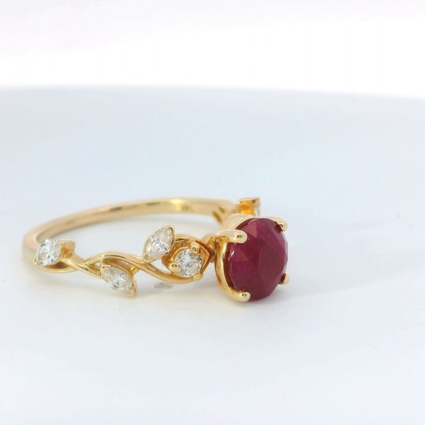 14K Yellow Gold Twisted Floral Ruby and Diamond Ring Image 3 Bradley's Jewelers Jacksonville, NC