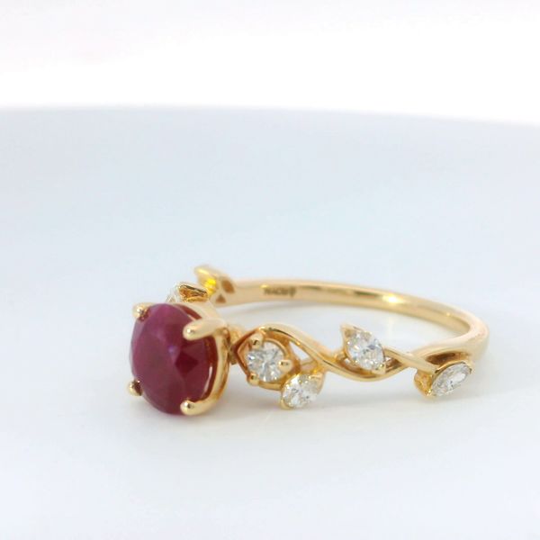 14K Yellow Gold Twisted Floral Ruby and Diamond Ring Image 4 Bradley's Jewelers Jacksonville, NC