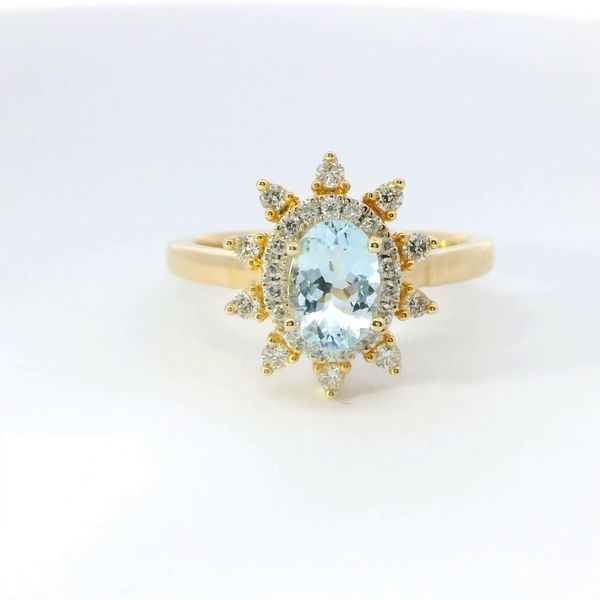 14K White Gold Halo Sunburst Aquamarine & Diamond Fashion Ring Image 2 Bradley's Jewelers Jacksonville, NC