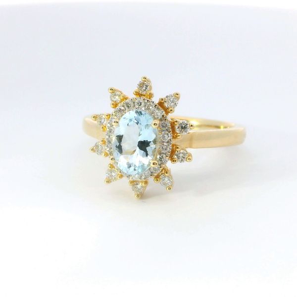 14K White Gold Halo Sunburst Aquamarine & Diamond Fashion Ring Image 4 Bradley's Jewelers Jacksonville, NC