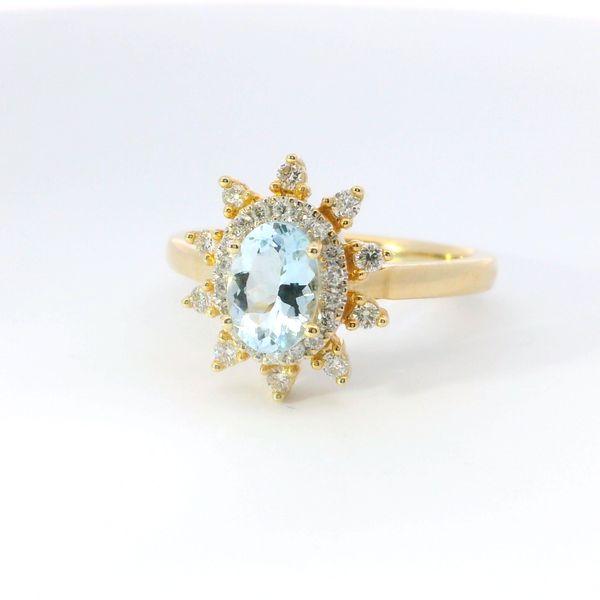 14K White Gold Halo Sunburst Aquamarine & Diamond Fashion Ring Bradley's Jewelers Jacksonville, NC