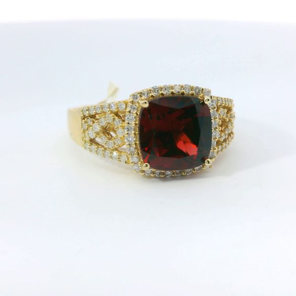 14K Yellow Gold Cushion Garnet & Diamond Fashion Ring 3.10 CTW | Bradley's Jewelers Image 2 Bradley's Jewelers Jacksonville, NC