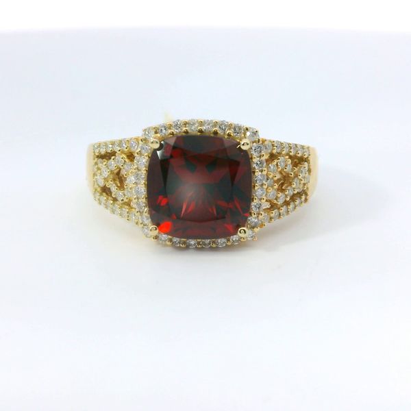 14K Yellow Gold Cushion Garnet & Diamond Fashion Ring 3.10 CTW | Bradley's Jewelers Bradley's Jewelers Jacksonville, NC