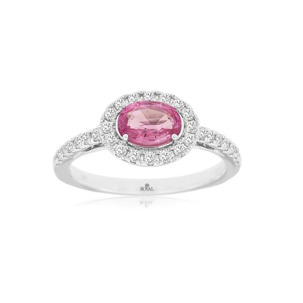 14K White Gold East-West Oval Pink Sapphire & Diamond Halo Fashion Ring Bradley's Jewelers Jacksonville, NC