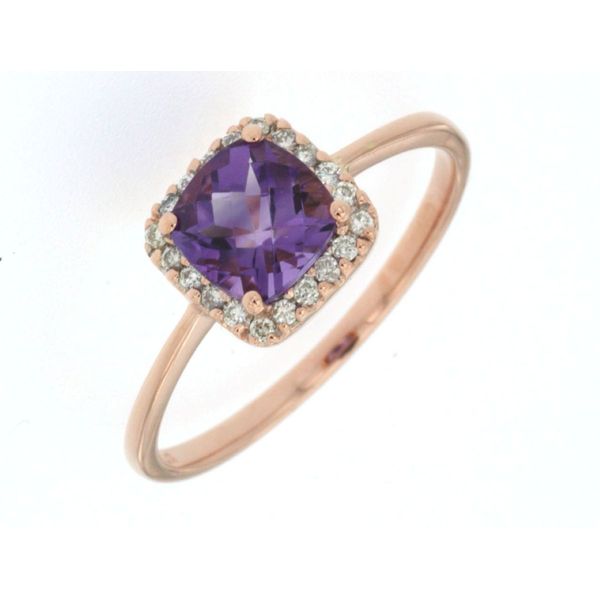 14K Rosé Gold Cushion Amethyst & Diamond Halo Fashion Ring Bradley's Jewelers Jacksonville, NC