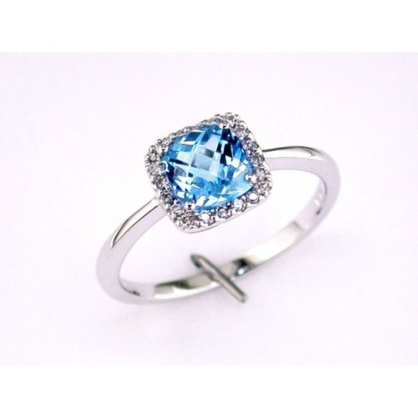 14K White Gold Checkerboard Cushion Blue Topaz & Diamond Halo Fashion Ring Bradley's Jewelers Jacksonville, NC