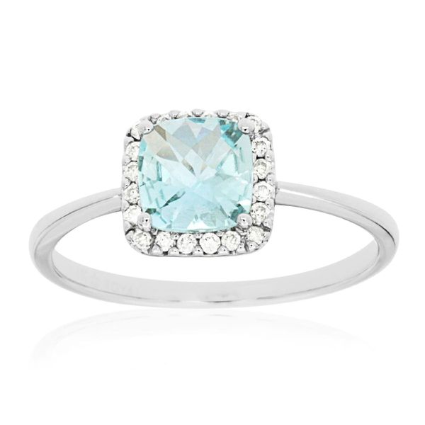 14K White Gold Checkerboard Cushion Aquamarine & Diamond Halo Fashion Ring Bradley's Jewelers Jacksonville, NC