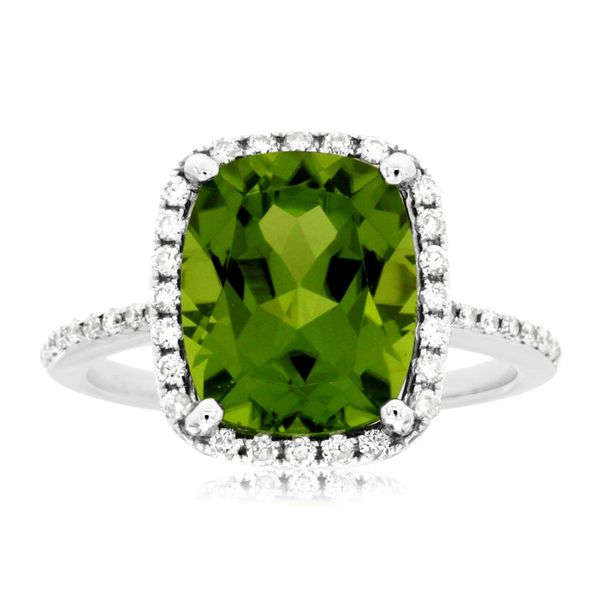 14K White Gold Rectangular Checkerboard Cushion Peridot & Diamond Halo Fashion Ring Bradley's Jewelers Jacksonville, NC