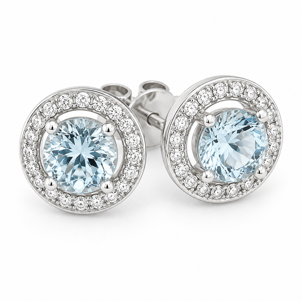 14K White Gold Halo Aquamarine & Diamond Stud Earrings 1.03 CTW | Bradley's Jewelers Bradley's Jewelers Jacksonville, NC
