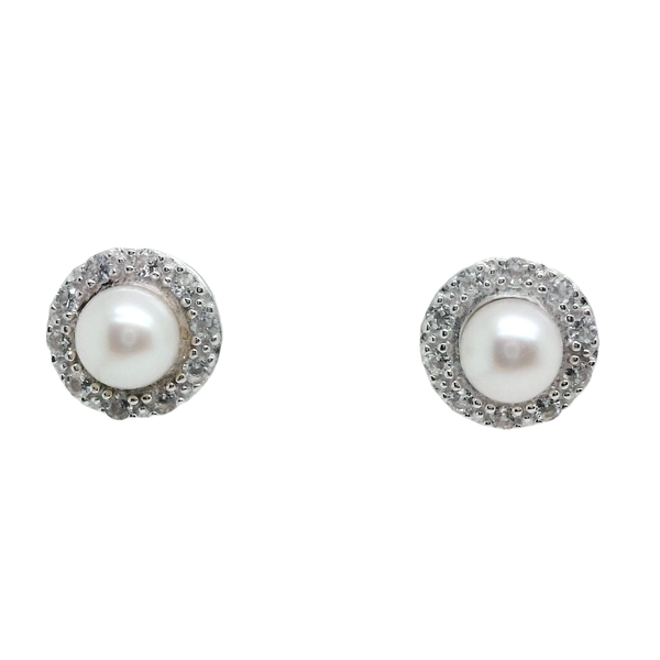 Sterling Silver Pearl & White Topaz Halo Earrings Bradley's Jewelers Jacksonville, NC