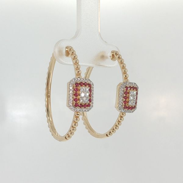 14K Yellow Gold Ruby and Diamond Hoop Earrings .55CTW Image 2 Bradley's Jewelers Jacksonville, NC