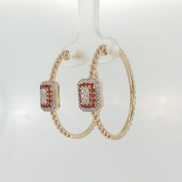 14K Yellow Gold Ruby and Diamond Hoop Earrings .55CTW Image 3 Bradley's Jewelers Jacksonville, NC