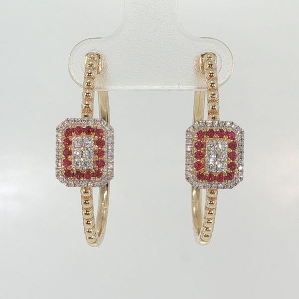 14K Yellow Gold Ruby and Diamond Hoop Earrings .55CTW Bradley's Jewelers Jacksonville, NC
