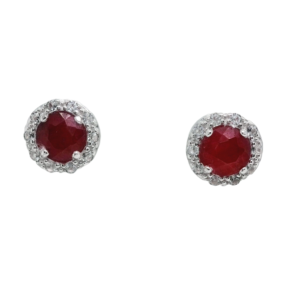 Sterling Silver Red Corundum & White Topaz Halo Earrings Bradley's Jewelers Jacksonville, NC