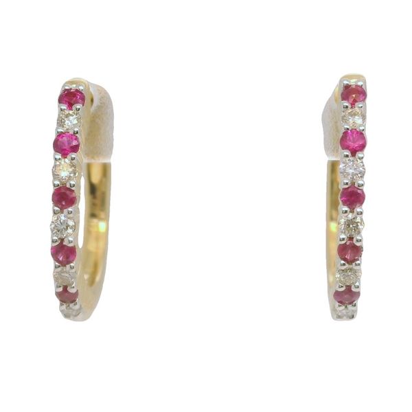 14K Yellow Gold Ruby & Diamond Small Hoop Earrings Bradley's Jewelers Jacksonville, NC