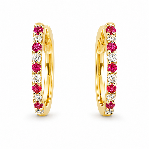 14K Yellow Gold Ruby & Diamond Small Hoop Earrings Bradley's Jewelers Jacksonville, NC