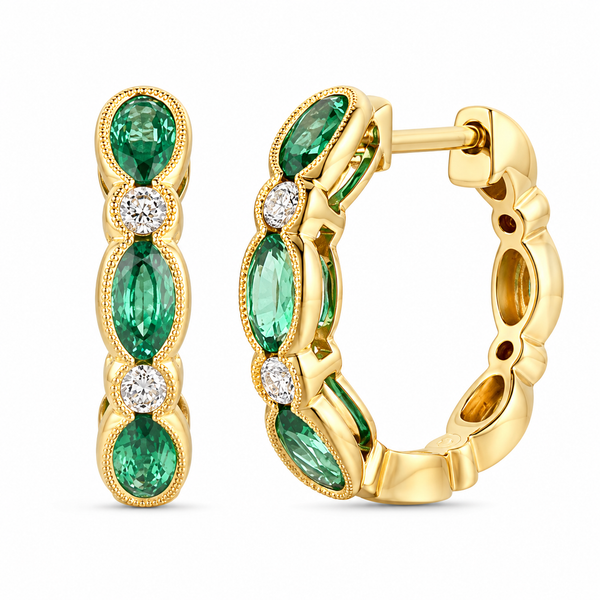 14K Honey Gold Emerald and Diamond Earrings 1.29CTW Bradley's Jewelers Jacksonville, NC