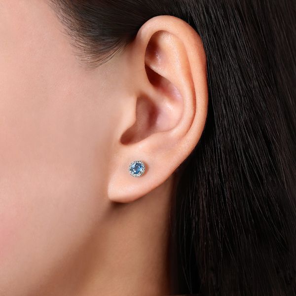 Gabriel & Co 14K White Gold Diamond & Swiss Blue Topaz Halo Earrings – Color Collection Image 2 Bradley's Jewelers Jacksonville, NC