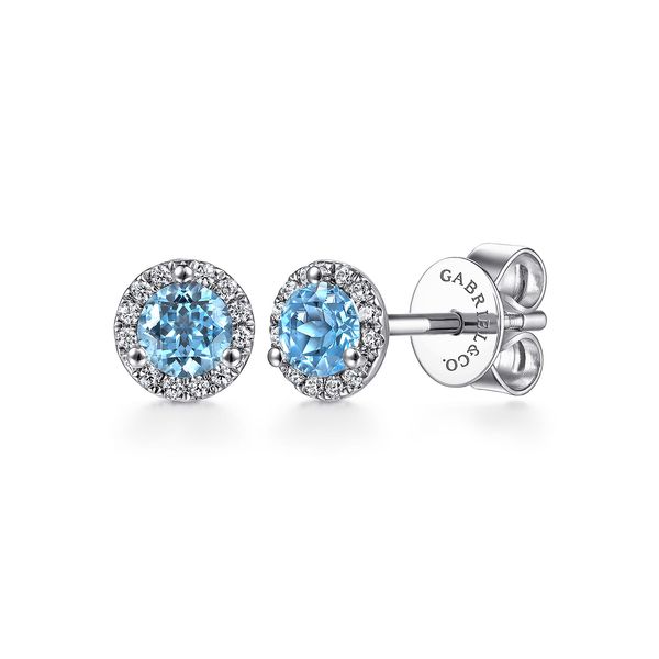 Gabriel & Co 14K White Gold Diamond & Swiss Blue Topaz Halo Earrings – Color Collection Bradley's Jewelers Jacksonville, NC