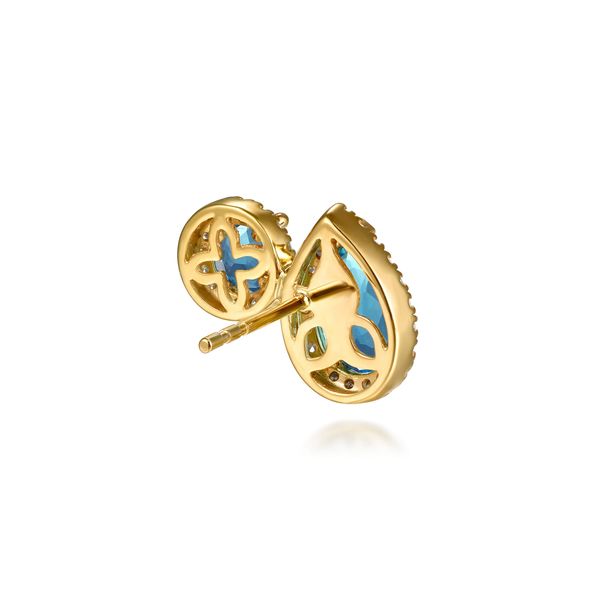 Gabriel & Co 14K Yellow Gold Blue Topaz & Diamond Halo Stud Earrings – Color Collection Image 2 Bradley's Jewelers Jacksonville, NC