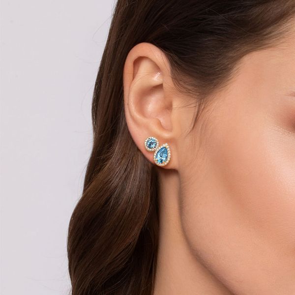 Gabriel & Co 14K Yellow Gold Blue Topaz & Diamond Halo Stud Earrings – Color Collection Image 3 Bradley's Jewelers Jacksonville, NC