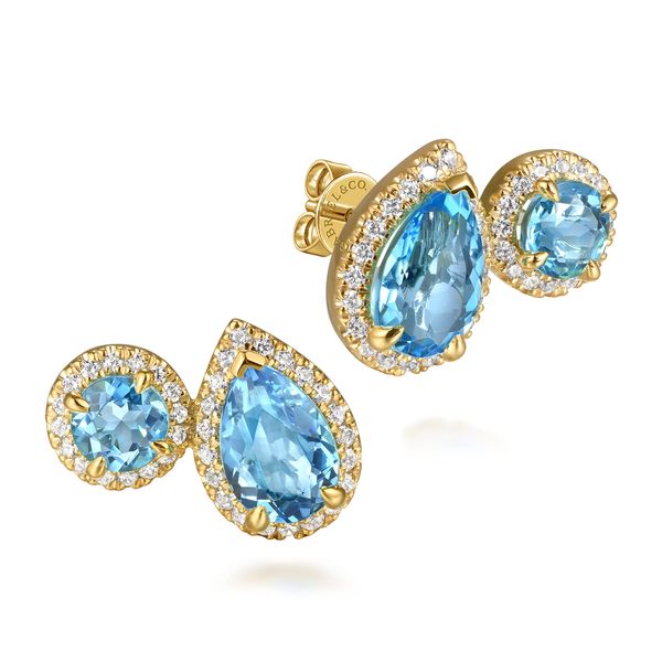 Gabriel & Co 14K Yellow Gold Blue Topaz & Diamond Halo Stud Earrings – Color Collection Bradley's Jewelers Jacksonville, NC