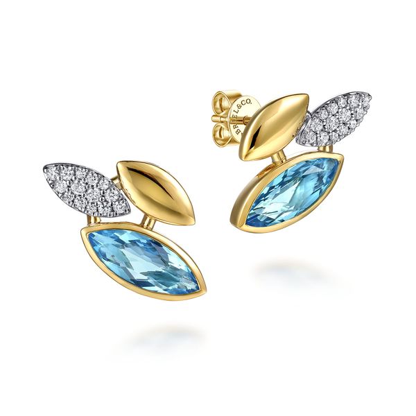 Gabriel & Co Two-Tone Gold Diamond & Blue Topaz Stud Earrings – Color Collection Bradley's Jewelers Jacksonville, NC