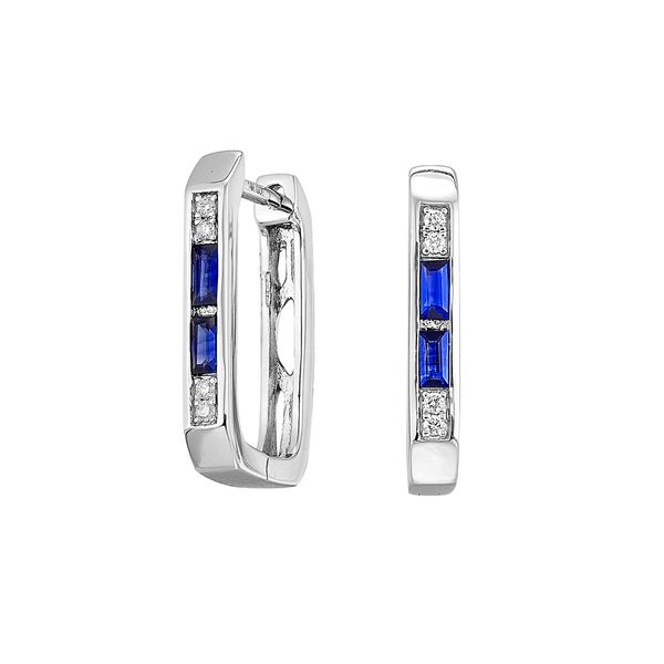 14K White Gold Sapphire & Diamond Small Hoop Earrings 0.20 CTW Baguette Sapphires Bradley's Jewelers Jacksonville, NC