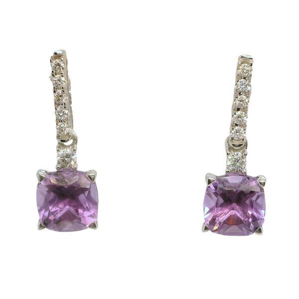 14K White Gold Cushion Amethyst & Diamond Drop Earrings 1.84 CTW | Bradley's Jewelers Bradley's Jewelers Jacksonville, NC