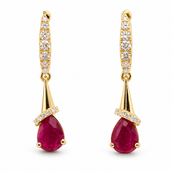 14K Yellow Gold Ruby & Diamond Earrings 1.77 CTW Pear Rubies | Bradley's Jewelers Bradley's Jewelers Jacksonville, NC