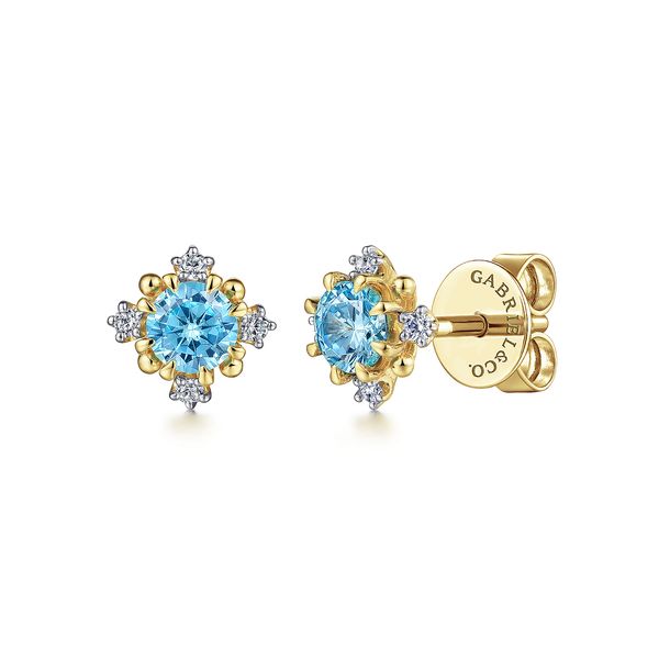 Gabriel & Co 14K Yellow Gold Blue Topaz & Diamond Stud Earrings – Lusso Collection Bradley's Jewelers Jacksonville, NC